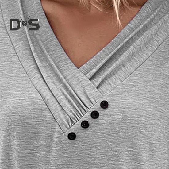 Женская футболка с V-образным вырезом, коротким рукавом, свободный крой, пуговицы, декор, однотонный пуловер, топы, повседневная одежда