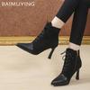 Suede Women Ankle Boots Pointed Toe Sexy High Heels Shoes 2025 Trend Fashion Lace Up Pumps Designer Winter Chelsea Botas Mujer