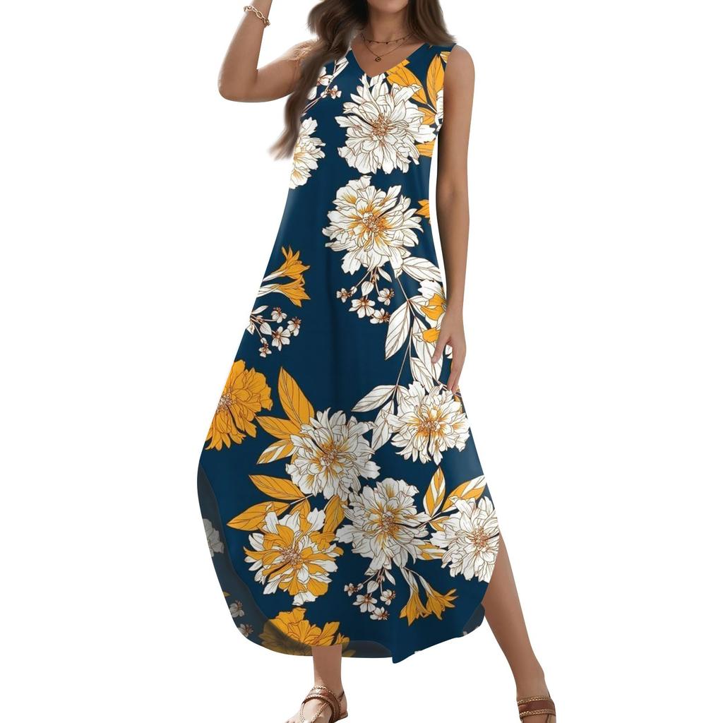 Женский 2024 летний повседневный свободный сарафан длинное платье с цветочным принтом без рукавов с v-образным вырезом и разрезом футболка платья макси