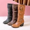 Women's High Boots Buckle Strap Knight Heels Riding Women Bottes Femme Size 43 Mid-calf Winter Rome Square Pu Leather K9
