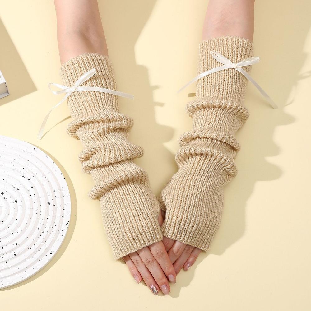 Fashion Y2K Long Wrist Gloves Thicken Bowknot Arm Warmers Soft Solid Color Knitted Arm Sleeves Women