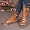 Flat-soled Sandals Women's Summer Round Head Open-toe One-word Buckle Fashion Large-size Women's Shoes