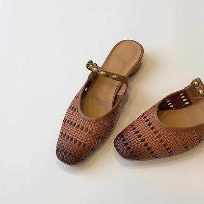 Версия, которую ношу сама~ Нежные и универсальные плетеные туфли с низким каблуком, женские, французский металлический ремешок на одно слово, полые и дышащие, полушлепанцы