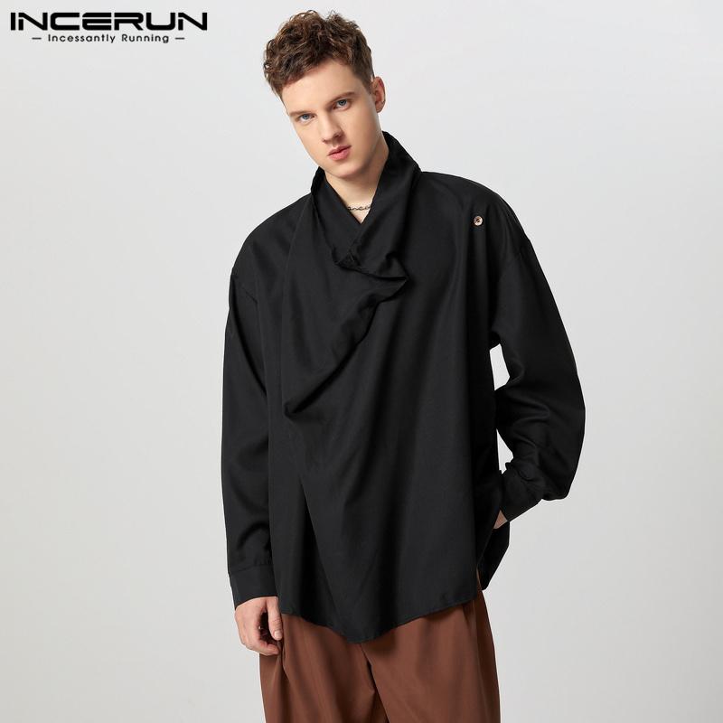 INCERUN Мужские футболки с длинным рукавом и воротником-стойкой с боковыми пуговицами
