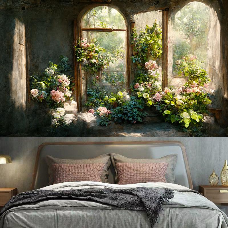 Винтажный садовый подоконник, цветочный гобелен, настенное художественное украшение, фон, ткань, эстетика комнаты, дома