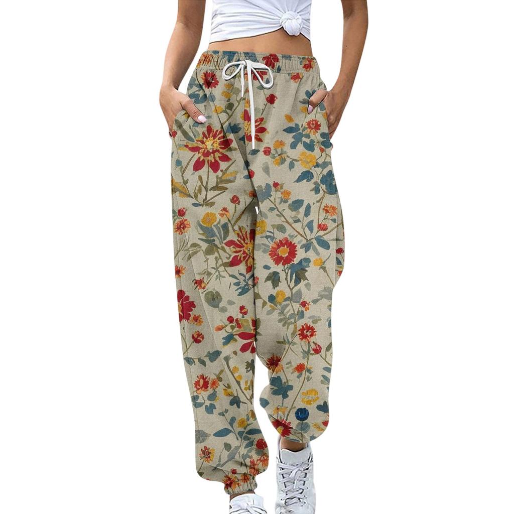 Women's Sports Pants With Pockets Fashion Floral Print Elastic Waist Pants Casual Sweatpants Pants
