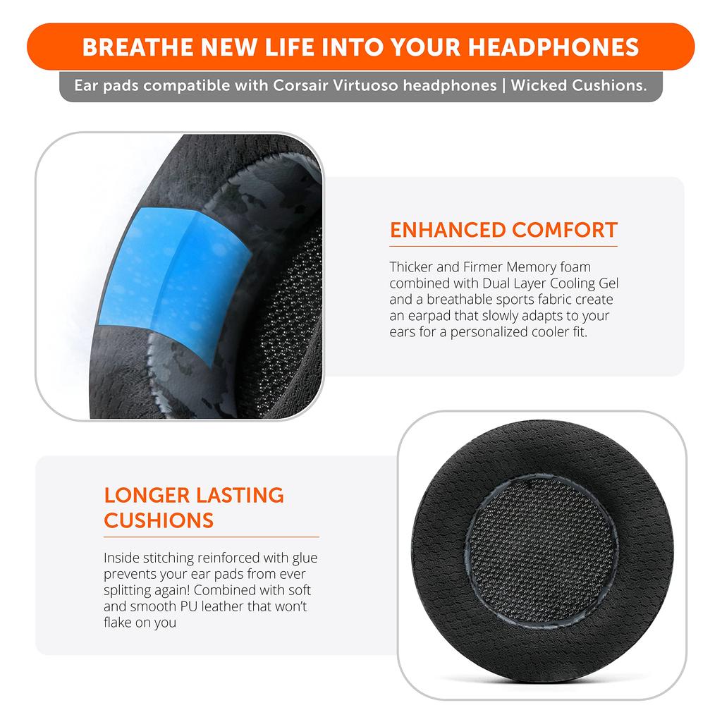 WC Freeze Virtuoso Hybrid Fabric Cooling Gel Сменные амбушюры для Corsair Virtuoso Gaming Сделано Wicked Усиленная и Звукоизоляция Черный Камуфляж