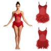 Women Tango Cha Cha Latin Rumba Dance Leotard Glitter Rhinestone Sheer Mesh Sling Bodysuit with Fuzzy Feather Skirt for Competition