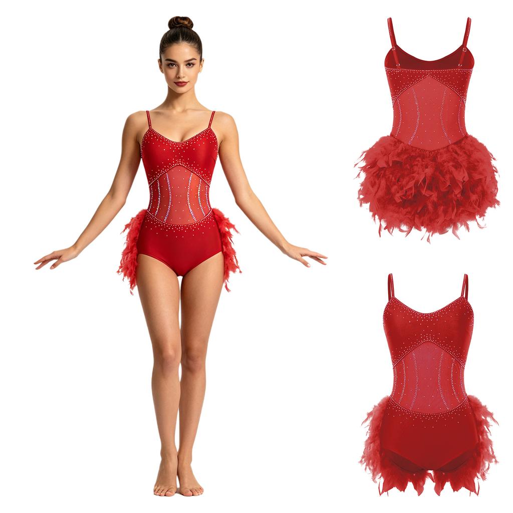 Women Tango Cha Cha Latin Rumba Dance Leotard Glitter Rhinestone Sheer Mesh Sling Bodysuit with Fuzzy Feather Skirt for Competition