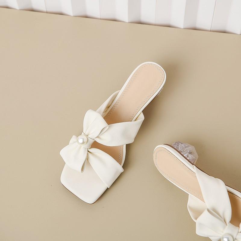 Fashion Square Toe Women Slippers Bow Heeled Sandals Loafers Shoes Woman 2025 Fashion Summer Shallow Dress Comfort Soft Leather Slides