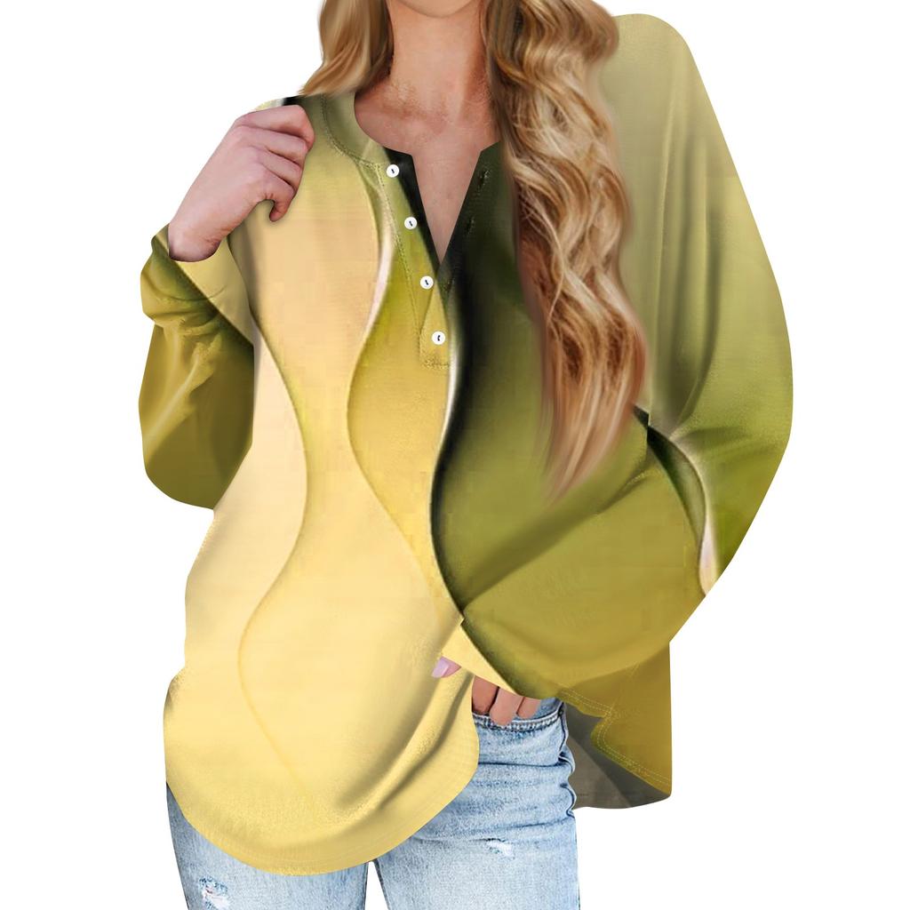 Women's New Button Collar Fashion Printed Long Sleeves T-Shirt Slim Top Casual Tops