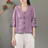 Летняя женская одежда Рубашки Блузка Blusa Mujer Винтажная Повседневная Camisas Женские блузки Лен V-образный вырез Вышивка