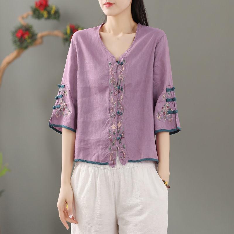 Летняя женская одежда Рубашки Блузка Blusa Mujer Винтажная Повседневная Camisas Женские блузки Лен V-образный вырез Вышивка