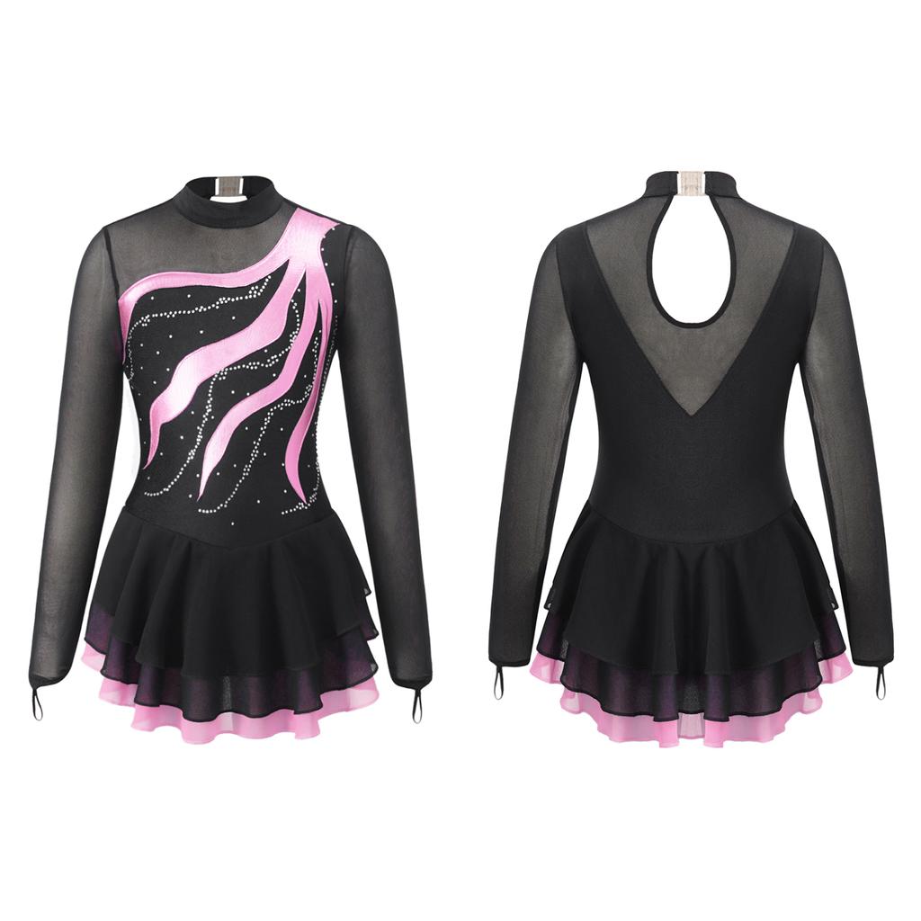 Child Girls Ballet Gymnastics Leotard Rhinestone Figure Ice Skating Dress Ballroom Dance Costume Training Performance Clothing