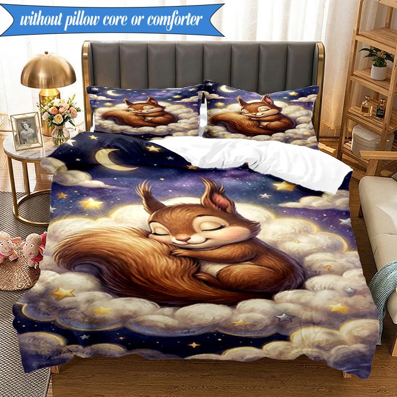 3PCS Squirrel Dreams Under Moonlight Bedding Set,Including 1pc Duvet Cover And 2pcs Pillowcases Perfect for Bedroom, Dormitory, Fan Christmas gift