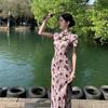Ретро-платье ципао с коротким рукавом, с принтом, на пуговицах-лягушках с вырезами и разрезом