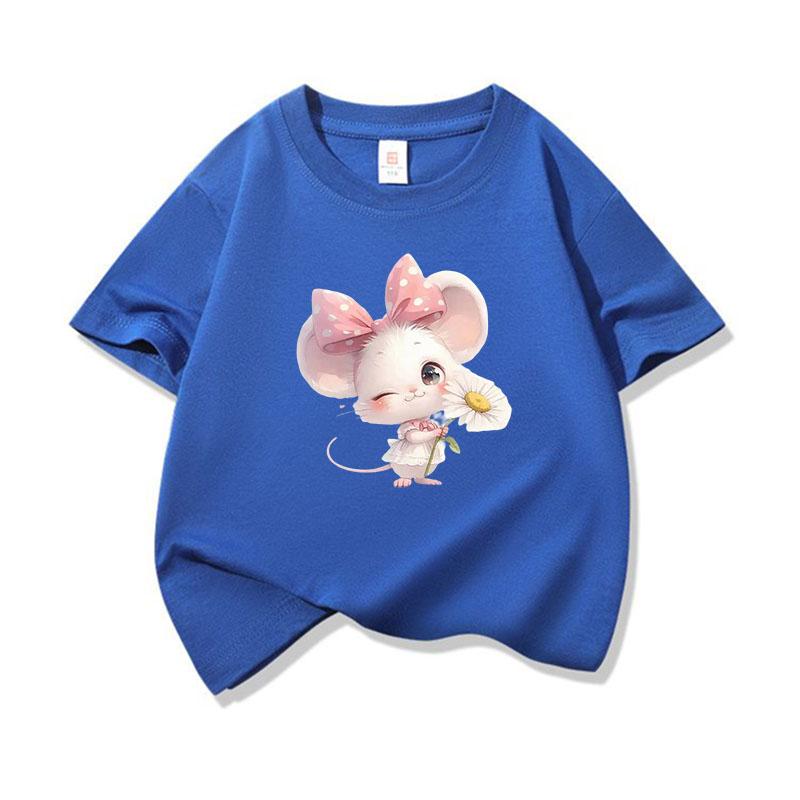 Kids Cotton T Shirt Adorable Mouse With Bow Flower Print Crew Neck Short Sleeve Tee Casual Boys Girls Summer Tops