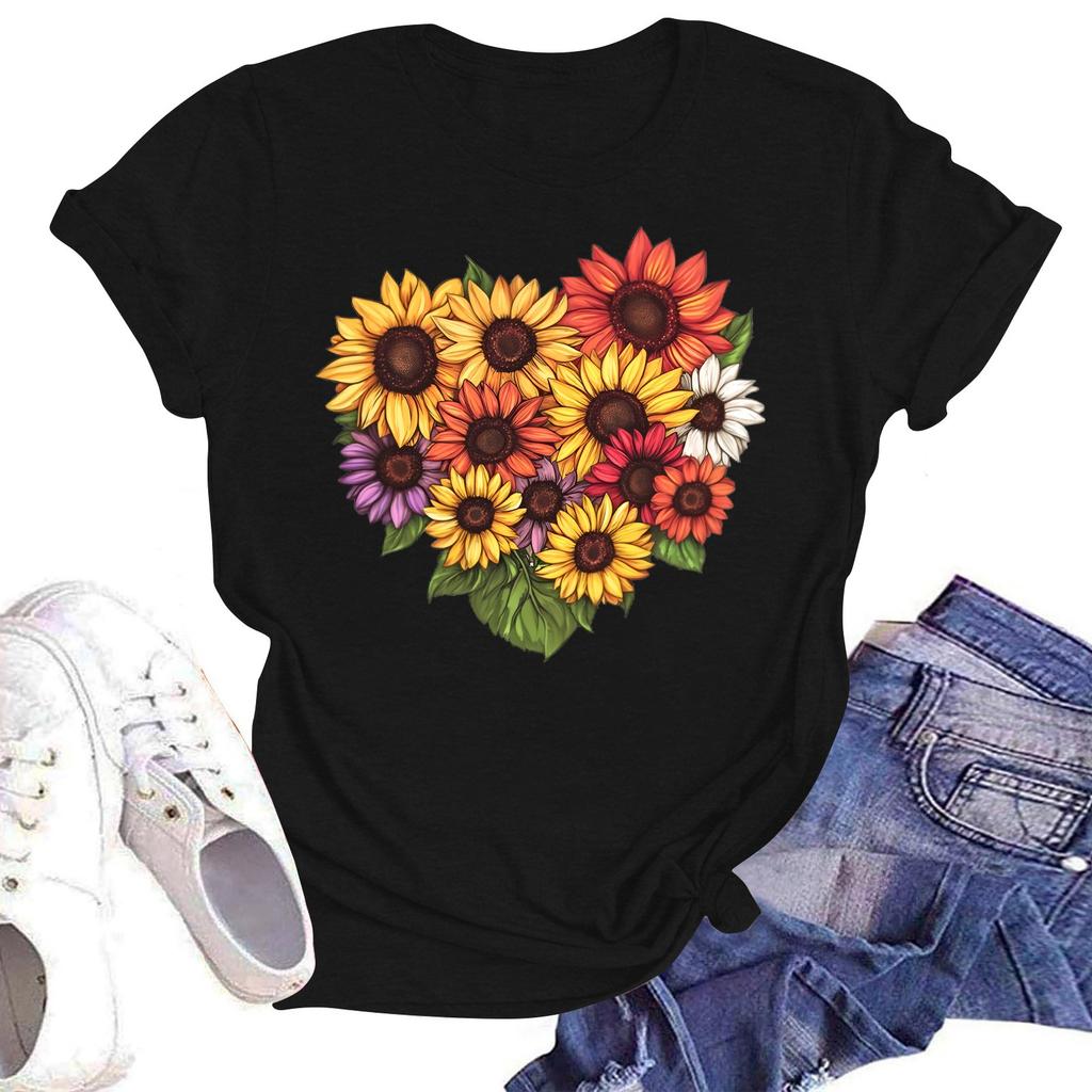 Women's Casual Loose Printed T-shirt Round Neck Pullover Short Sleeved Top