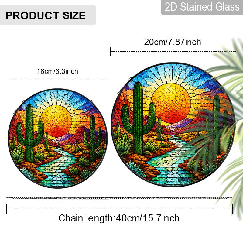 1pc 2D Flat Landscape Stained Glass Suncatcher, 6.3/7.87 Inch Desert Sunset Lake Glass Suncatcher, Southwestern Landscape Window Hanging, Warm Sunset
