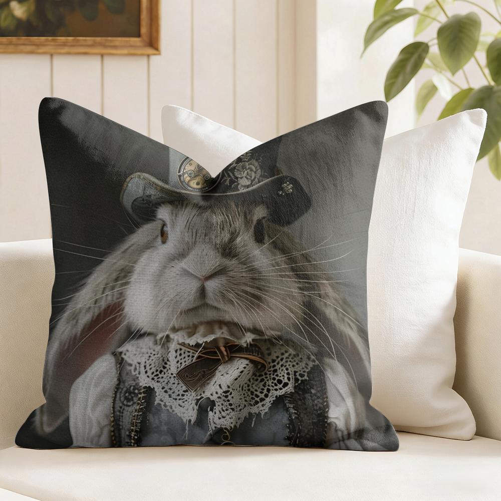 Rabbit Portrait Renaissance Cushion Cover Eco Linen Pillow Case DoubleSided Print Breathable Durable Zipper Home Decor Gift
