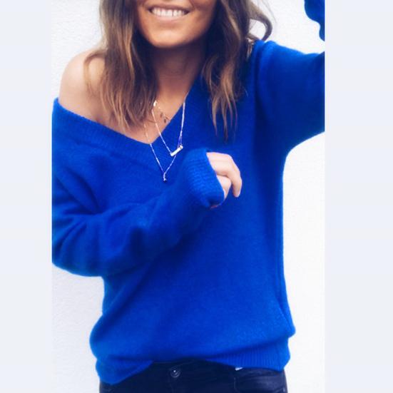 Knitted Sexy Sweater Winter Chic Lady Solid Color V Neck Blouse Long Sleeve Casual Pullover