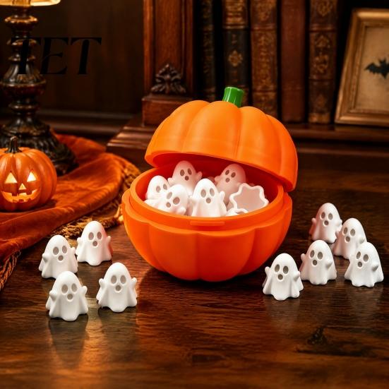 Pumpkin Storage Organizer Halloween Box with 20 Mini Ghosts, for Candy & Treat, Container Lid Trick or Treat Holiday Party Ghost Figures