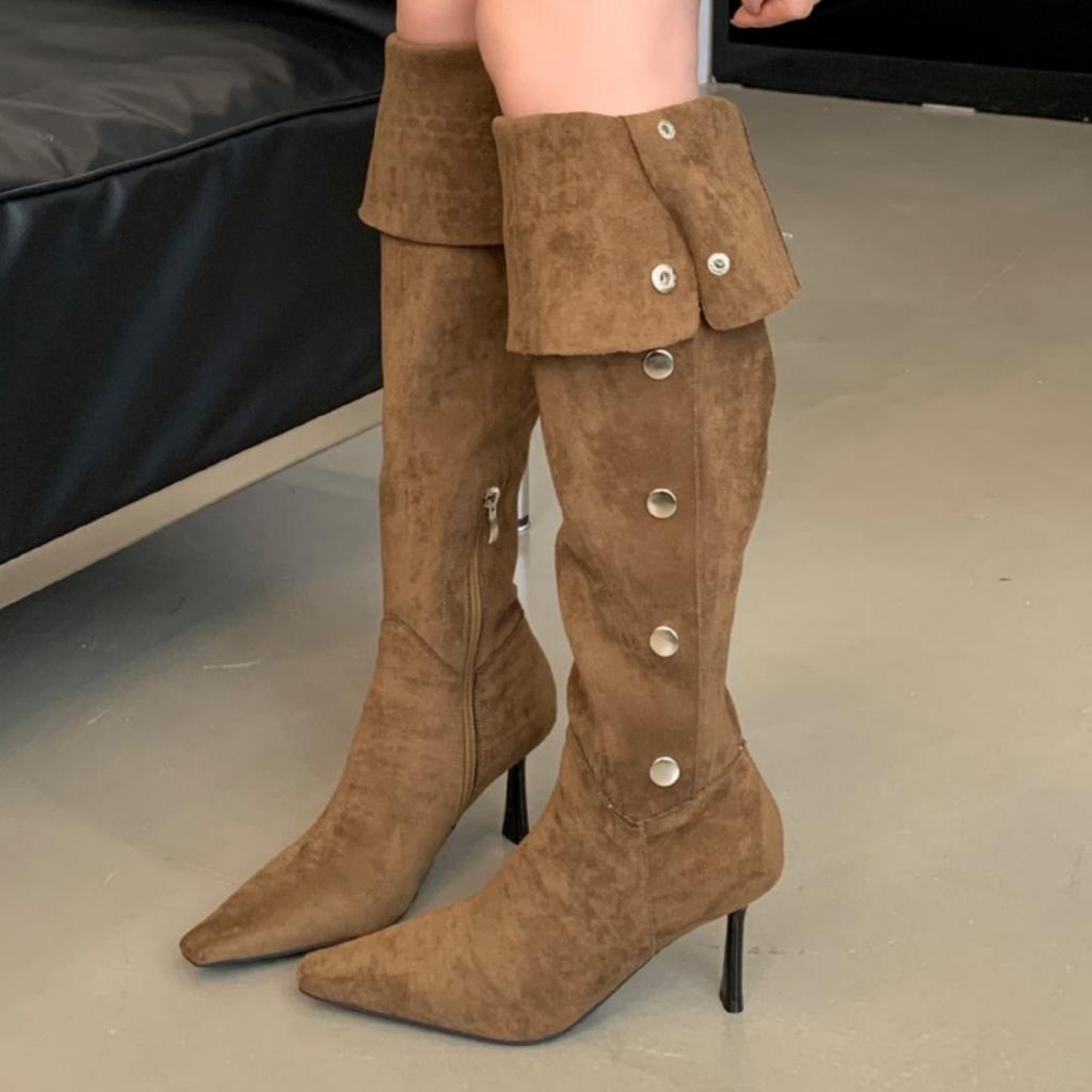 Мода 2025 Новые Ретро Женские Сапоги Матовая Замша Средние Ковбойские Сапоги Высокий Голенище Грубый Каблук Рыцарские Сапоги