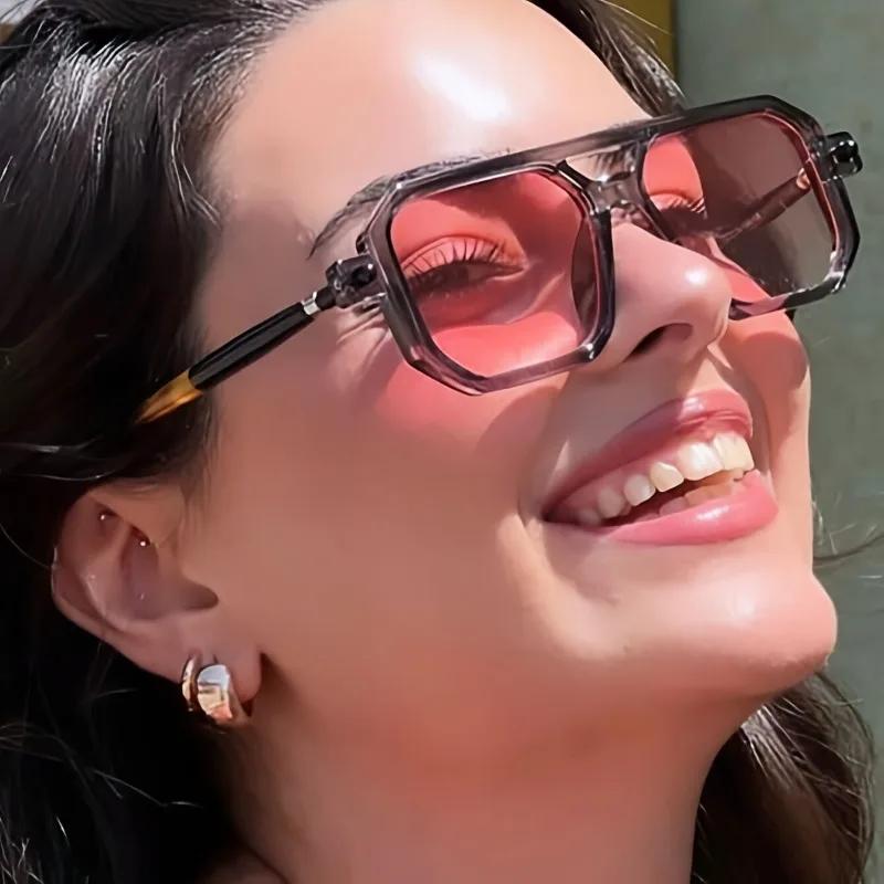 Ретро Шик Женские Квадратные Модные Очки с Розовыми Линзами для Повседневной Моды, Пляжных Прогулок и Повседневной Носки, Трендовые Очки