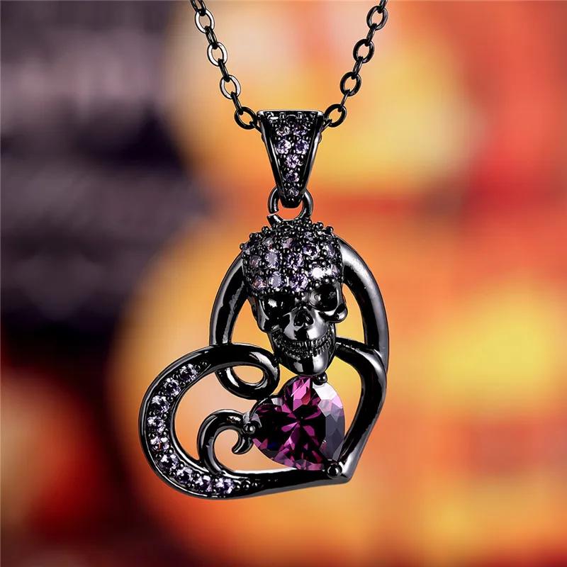 Halloween Skull Heart Shape Pendant Necklace for Women Exquisite Inlaid Zircon Black Gold Color Chain Necklace Jewelry Personalized Gift