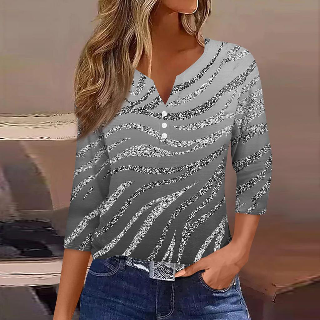 Жен. Футболка Футболка С принтом Пуговицы Рукав 3/4 Повседневные Выходные Мода Классический Классический V-образный вырез Обычный Верх
