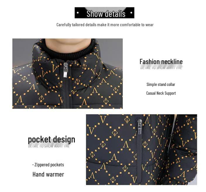 2026 Men's Trendy Stand Collar Full Print Down Jacket - Thick, Warm, Windproof, Cold-Resistant Outerwear