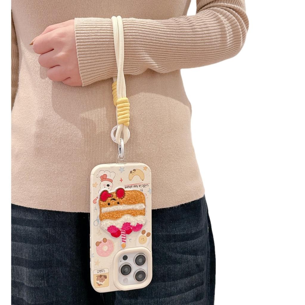 Leather Cartoon Embroidered Cake IPhone 16/15 Mobile Phone Case Suitable for Apple 14/13 Promax Lanyard 12