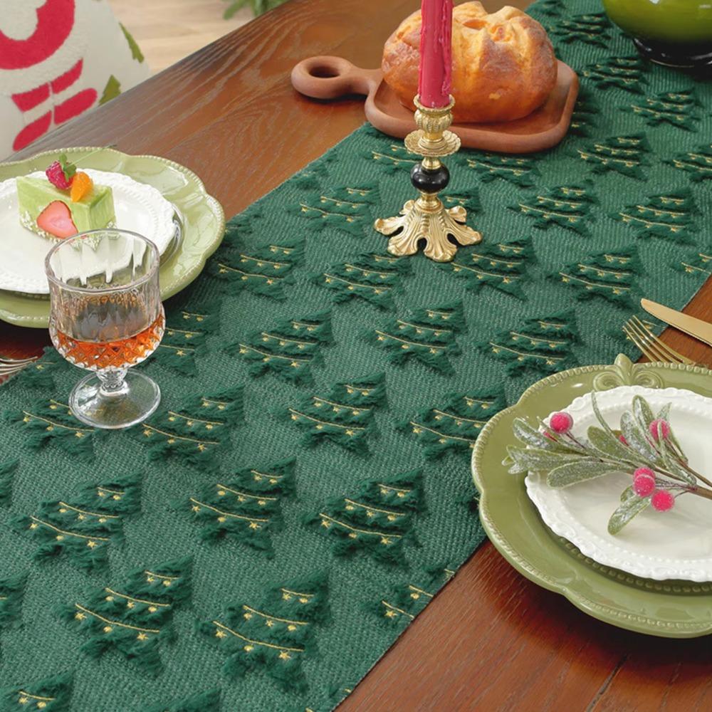 Embroidered Christmas Tree Table Runner Rectangular Long Christmas Table Cover Embossed Design Dining Tablecloth Restaurant