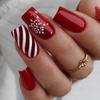 24pcs Glossy Medium Square Fake Nails, Christmas Press On Nails With Red White Stripe And Snowflake Design, Full Coverage False Nails For Women Girls