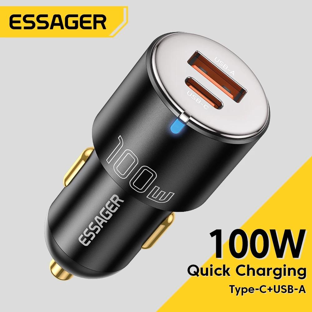 Essager Автомобильное зарядное устройство USB 100 Вт, быстрая зарядка QC 3,0 PD 3,0, USB Type C, автомобильная быстрая зарядка для iPhone, Huawei, Samsung, ноутбуков, планшетов