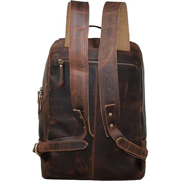 16" Brown Buffalo Leather Backpack Vintage Rucksack Water Resistant Casual Daypack College Bookbag Travel Hiking