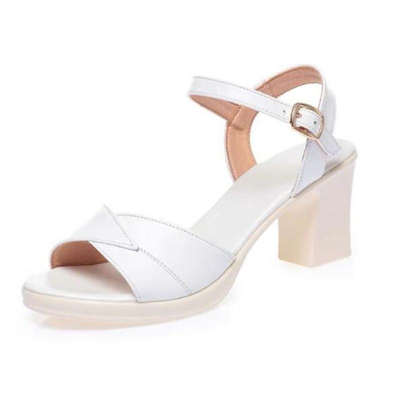 Женские туфли из натуральной кожи, босоножки на высоком каблуке и платформе, женские босоножки с пряжкой на толстом каблуке, женские туфли-лодочки, летние черные, размеры 35-42