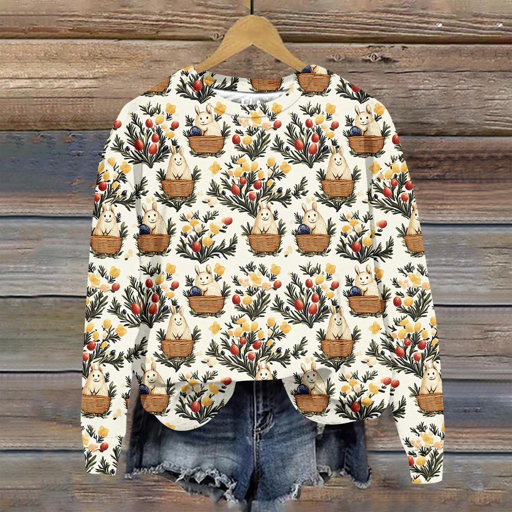 Женская мода Пасха Печатный Длинный рукав Свободный круглый вырез Толстовка Топ