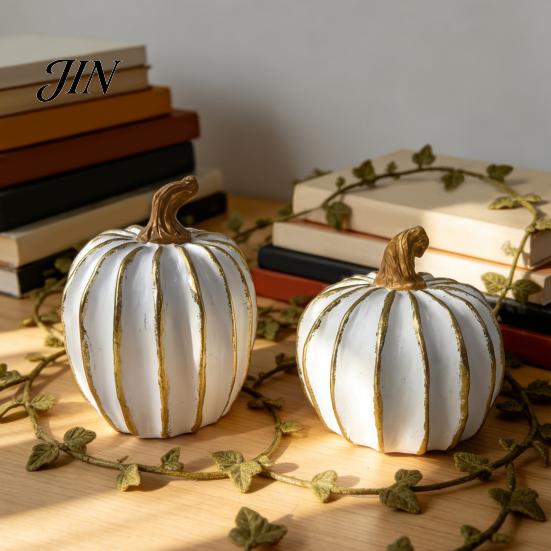 Artistic Pumpkin Statue Fall Decor, White Gold Thanksgiving Decorative Pumpkin, Resin Pumpkins Minimalist Festive Ornament Figurine, Statues for Home