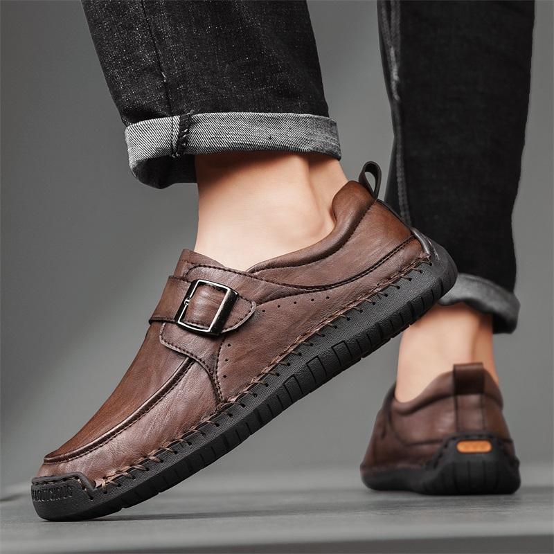 Fashion High Quality Handmade Stitched Business Men Leather Shoes Fashion Comfortable Loafers Flat Bottomed Outdoor Walking Sports Shoes