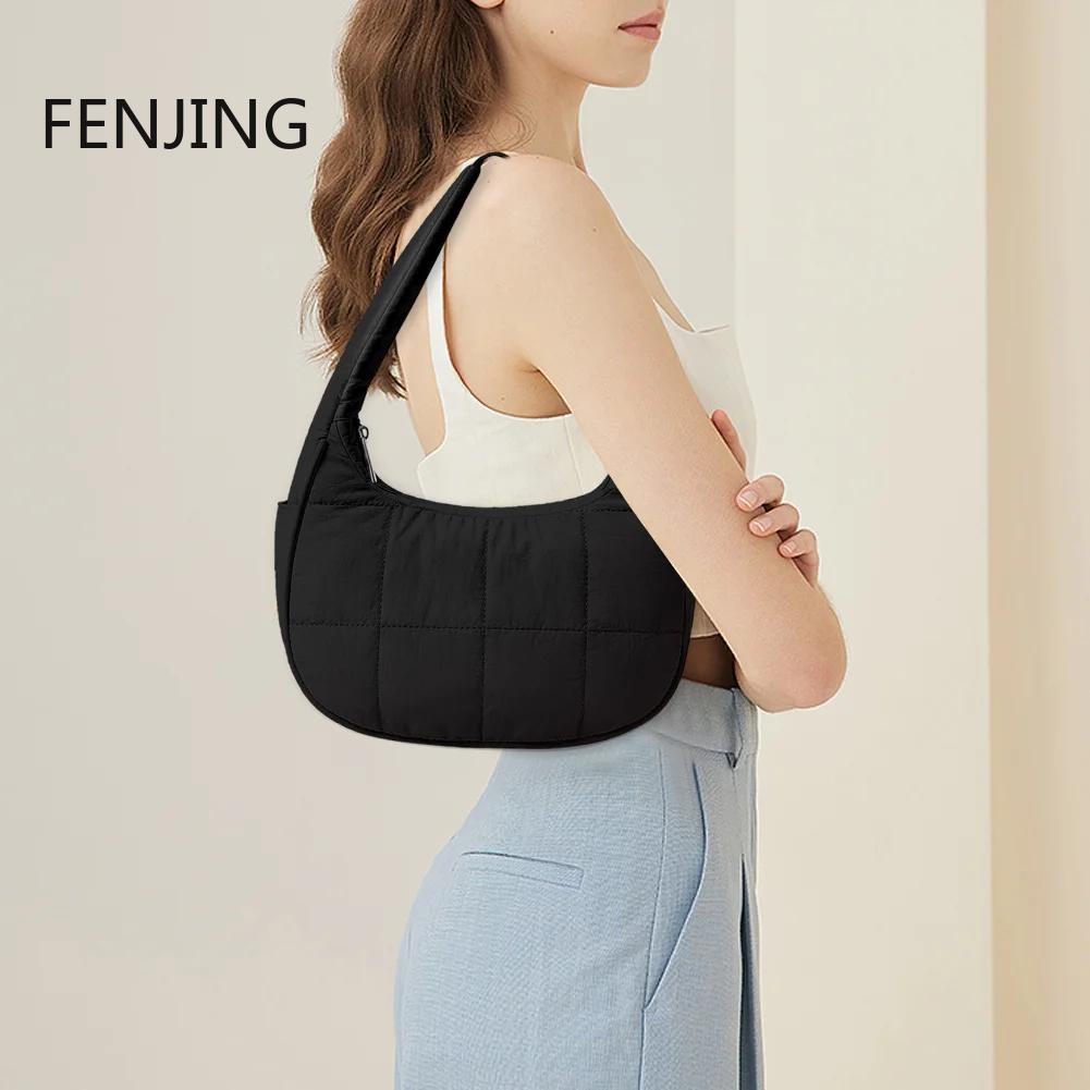 Underarm Bag for Women Quilted Shoulder Bags Nylon Adjustable Strap Handbag with Zipper Hobo Bag for Work Travel Half Moon Purse