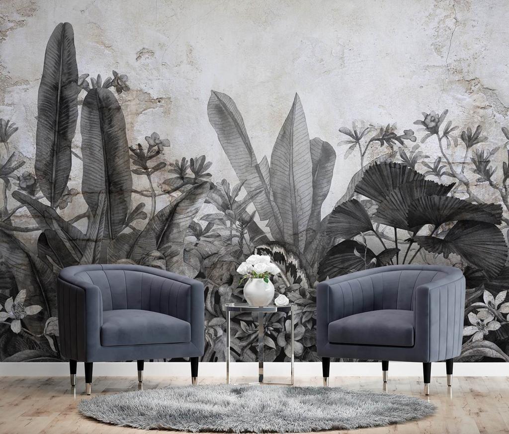 Wallpaper Black and White Tropical Leaves On Concrete