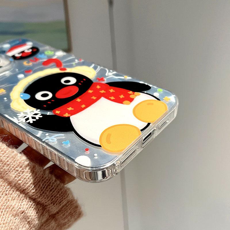 Cute Penguin Water Corrugated Hard Shell Applicable To Apple 16 Mobile Phone Case IPhone 15 Protective Case 14 13 Large Hole Model