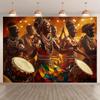 A vibrant traditional African celebration scene featuring colorful dancers and drum music made of polyester fiber.