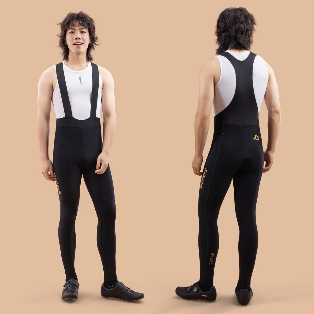 DIFOS Men's Long Bib Pants with 4D Pad, Fleece Lining, Elastic, Warm, Windproof, and Breathable for Road Bikes, Black, Size XL