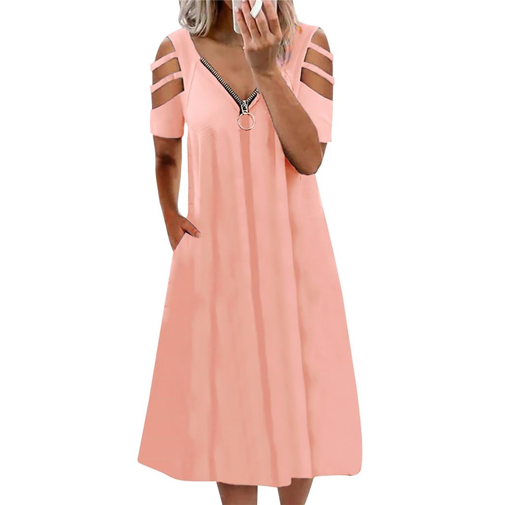 Летнее женское сексуальное однотонное платье на молнии с v-образным вырезом и короткими рукавами
