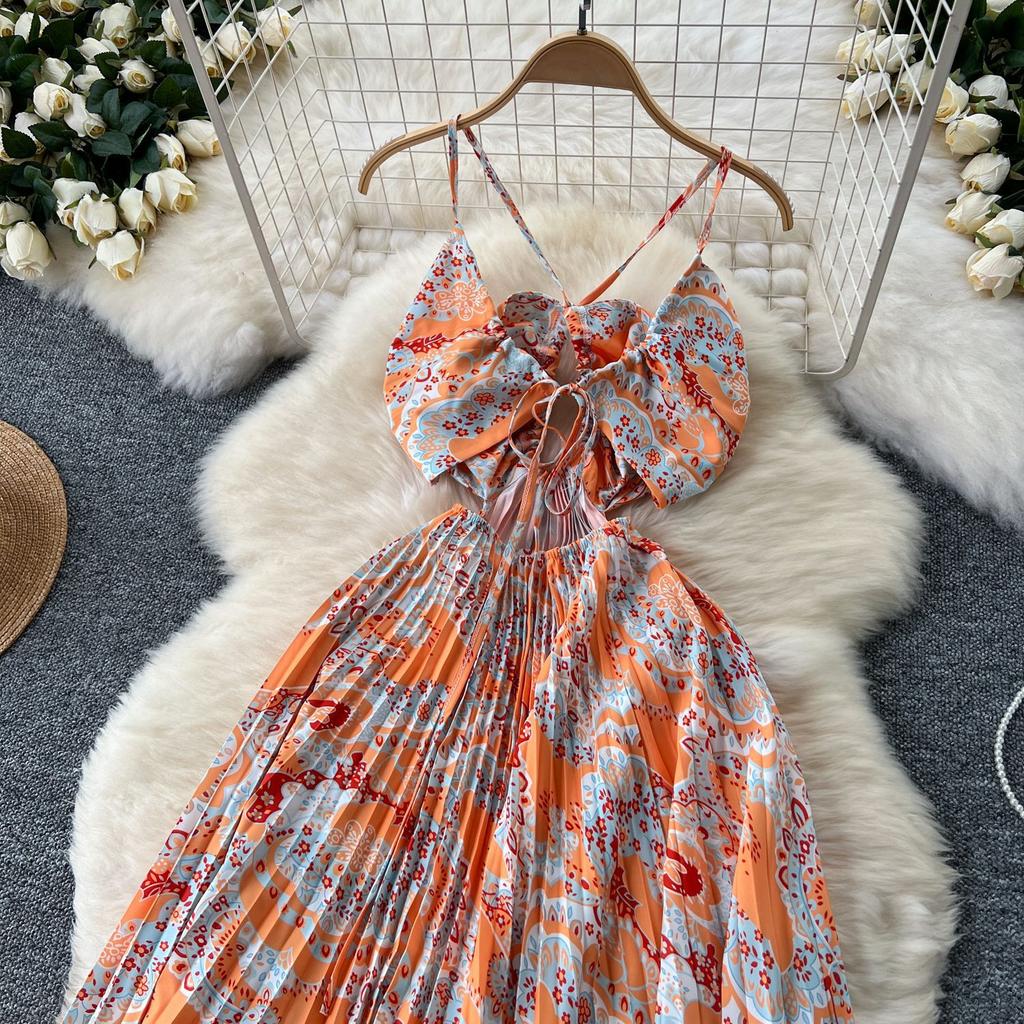 Summer Women's Pure Desire Sexy Holiday Heart Hollow Hanging Neck Halter High Waist Slim Printed Pleated Long Dresses