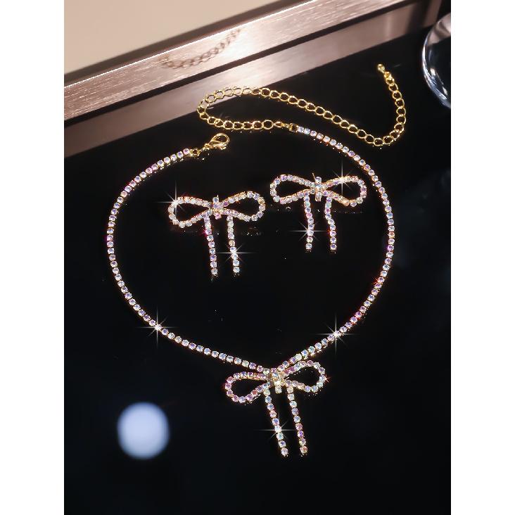 Rhinestone Bow Choker Necklace Earrings Set Sparkling Bow Jewelry Set for Parties Weddings Prom