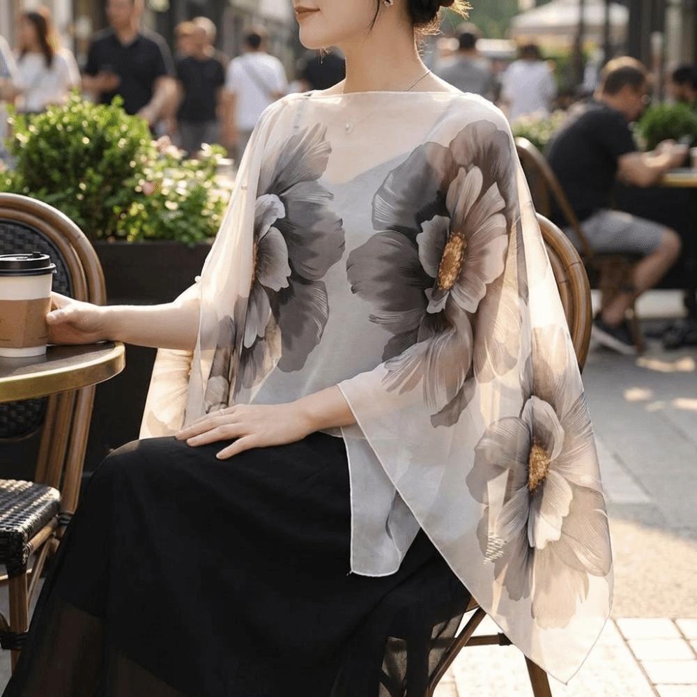 Long Length Sun Protection Shawl Flower Pattern Chiffon Scarf Breathable Shawl  Outdoor Activities