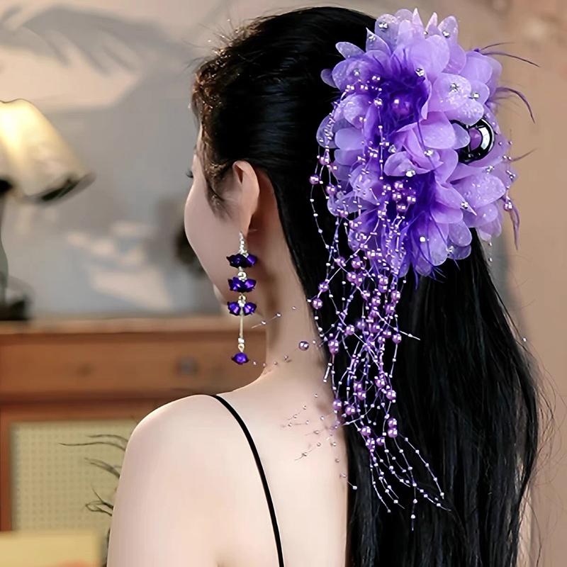 Универсальная заколка для волос с цветком, кисточкой из пайеток, зажим-акула для женщин, девочек, ретро заколка-коготь для волос, элегантные цветочные аксессуары для волос, подарок